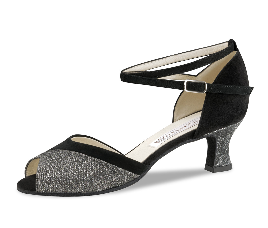 Offener, eleganter Tanzschuh in asymetrischem Design in schwarz-silber mit 5,5 cm Absatz von Werner Kern.